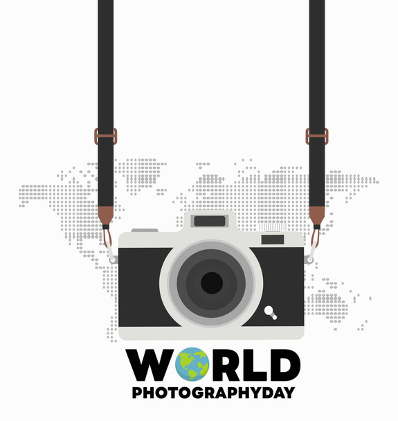世界の写真の日とハンギングカメラ - ベクター画像