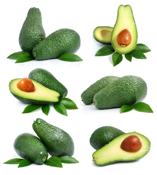 Set of green avocado fruits with leaf isolated on white - Photo, Image