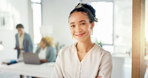 Arms crossed, pride and portrait of a business woman with confidence, happiness and smile in office. Expert, success and employee with trust, smiling and happy about job at a corporate company. - Photo, Image