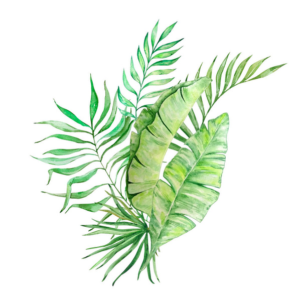 Watercolor bouquet of bright tropical leaves for design - Foto, Imagen