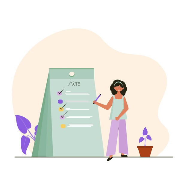 Woman checklist note at work or school illustration. Recording goals on paper illustration character. - Vector, Image