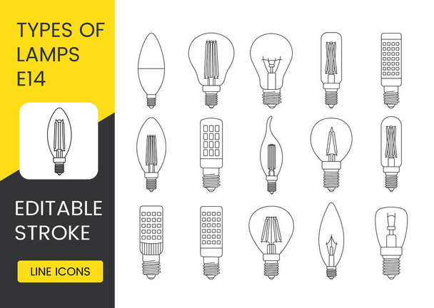 Conjunto de ícones de linha vetorial representando lâmpadas com base E14. - Vetor, Imagem