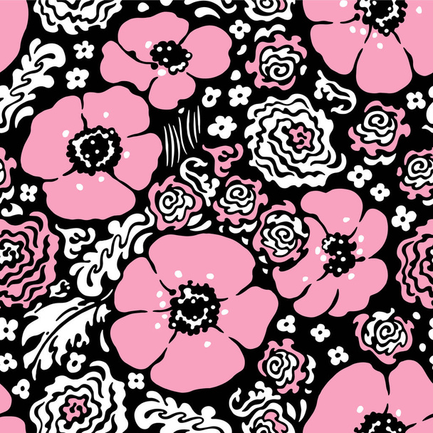 Pink flowers and white leaves. Vector floral seamless pattern. Hand-drawn artistic illustration on white background. - Διάνυσμα, εικόνα