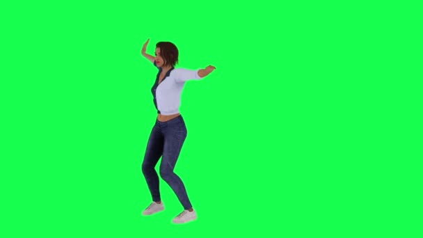 Toeristische vrouw in blauwe en witte kleren, blauwe broek en witte schoenen doen mooie traditionele dans vanuit de juiste hoek op groen scherm - Video