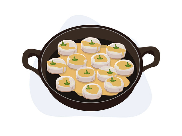Gefrituurde sint-jakobsschelpen met botersaus in een pan. geschroeide zeejakobsschelpen. cartoon vector illustratie - Vector, afbeelding