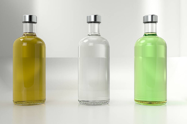 3D görüntüleme - Beyaz arka planda izole edilmiş üç özel alkol şişesi yüksek kaliteli detaylar  - Fotoğraf, Görsel