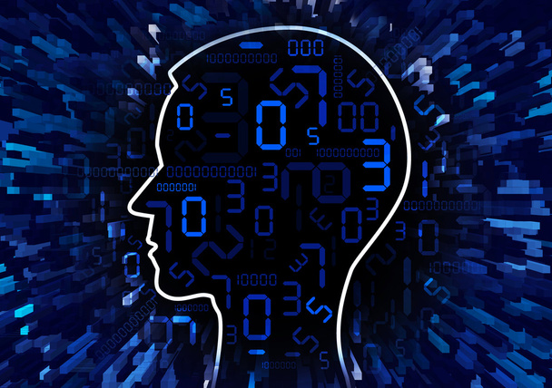 Menselijk hoofd en stroom van digitale getallen - Foto, afbeelding