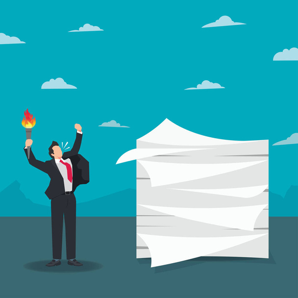Vector businessman holding fire torch will burn a lot of documents - Vector, Image
