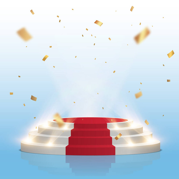 Empty white stage with red carpet and with gold confetti. Winner vector background - Vettoriali, immagini