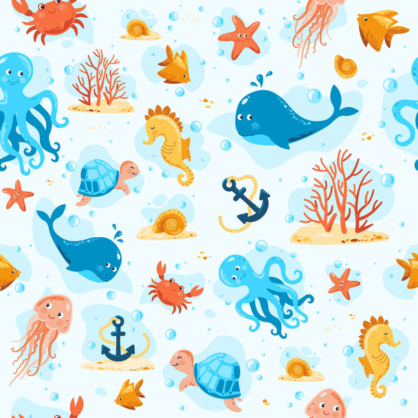 Ocean life. Endless vector illustration. Jellyfish, crab, turtle, octopus, fish, coral, starfish, seahorse, shell, whale, anchor. Aquatic wildlife. Underwater. Kids marine set with sea creatures - Vector, afbeelding