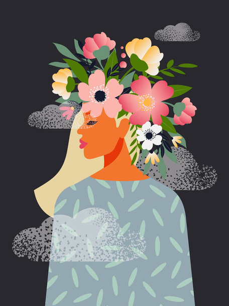 Koncepcja wolnego i pozytywnego umysłu, kwitnącego mózgu. Piękna kobieta z kwiatami na głowie medytuje w chmurach i promieniuje miłością. - Zdjęcie, obraz