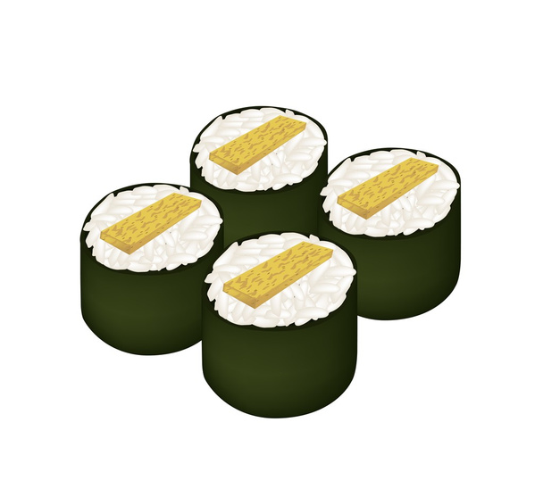 Τηγανητό αυγό ρολό σούσι ή Tamagoyaki Μάκη σε λευκό - Διάνυσμα, εικόνα