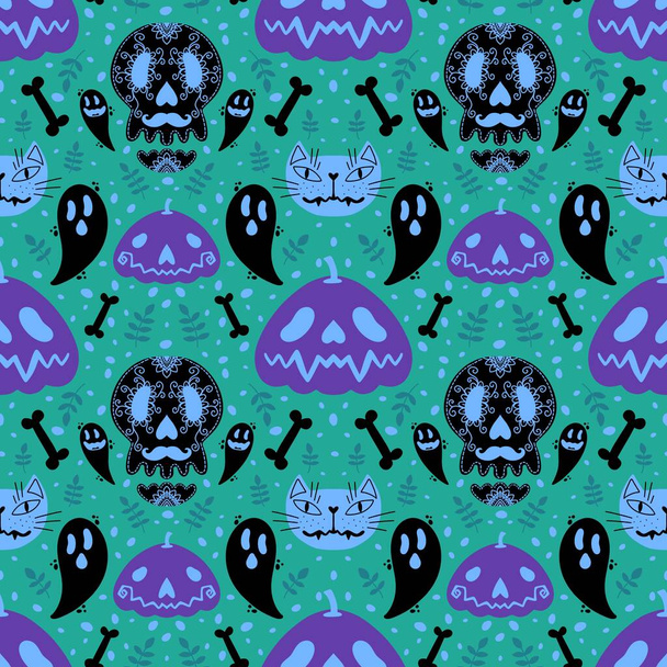 Halloween pumpkins seamless ghost and bones and cat pattern for wrapping paper and linens and fabrics and kids clothes print and autumn accessories. High quality illustration - Valokuva, kuva