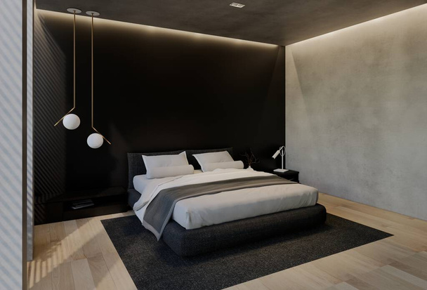 Modern bedroom interior design contemporary, with natural tones on the room, walls, floor and ceiling. rendering illustration - Fotó, kép