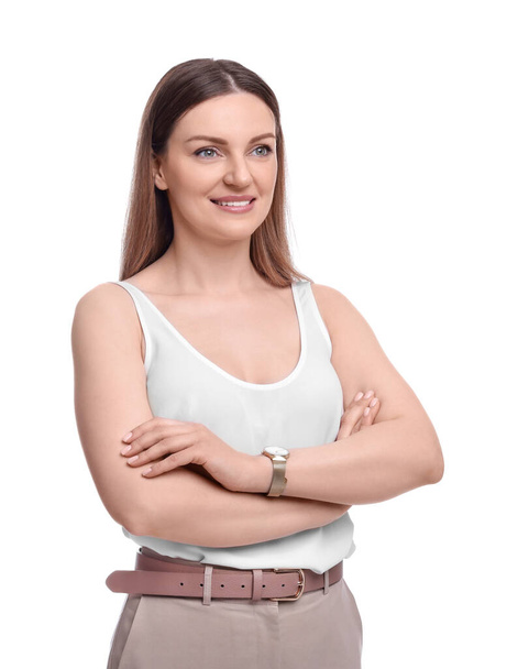Beautiful happy businesswoman crossing arms on white background - Φωτογραφία, εικόνα