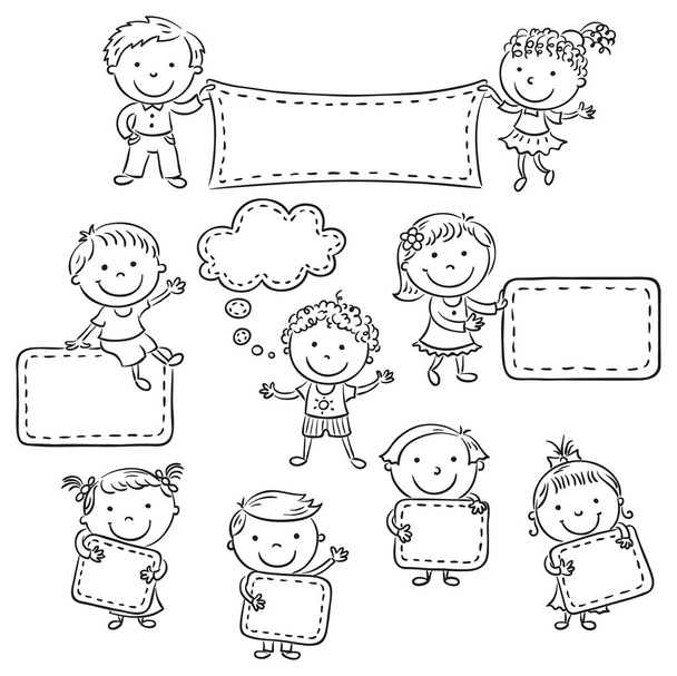 Niños con signos en blanco, contorno blanco y negro
 - Vector, Imagen