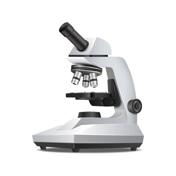 3d icono de vector realista. Microscopio de equipo de laboratorio. Laboratorio de siencia y biología, química, concepto farmacéutico. Vista lateral - Vector, imagen