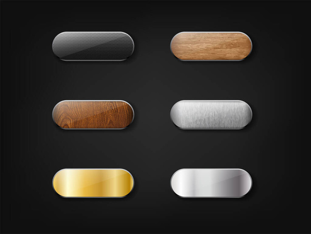 3d realistic vector web buttons. Gold, wood, metal and black. Isolated on white background. - ベクター画像