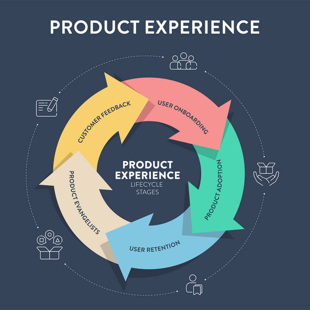 Product Experience framework strategy infographic circle diagram presentation banner template vector has product management, engineering and design. Customer-centric strategy concept. Business theory. - Vector, Image