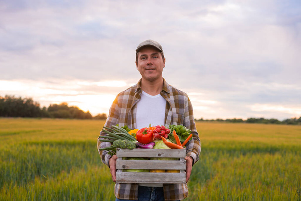 Farmer with a vegetable box in front of a sunset agricultural landscape. Man in a countryside field. The concept of country life, food production, farming and country lifestyle. - Фото, изображение