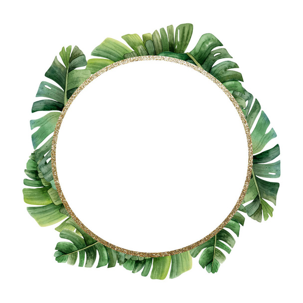 Green tropical palm leaves gold round frame wreath watercolor illustration isolated on white background for labels, thank you stickers, sale coupons or summer wedding invitation. - Fotografie, Obrázek