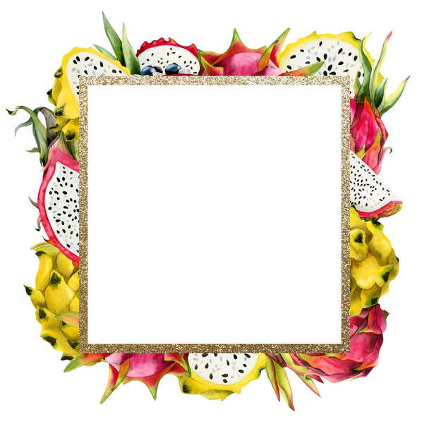 Square gold frame with pitaya in Red pink and yellow colors of dragon fruits slices with copy space. Watercolor pitahaya illustration isolated on white. Botanical template for advertisement - Фото, зображення