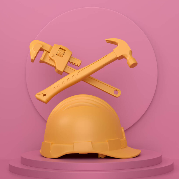 Abstract scene or podium with carpenters tools on monochrome background. 3d render of scene for product presentation carpenter tool for repair and building on stage, pedestal or platform - Fotó, kép