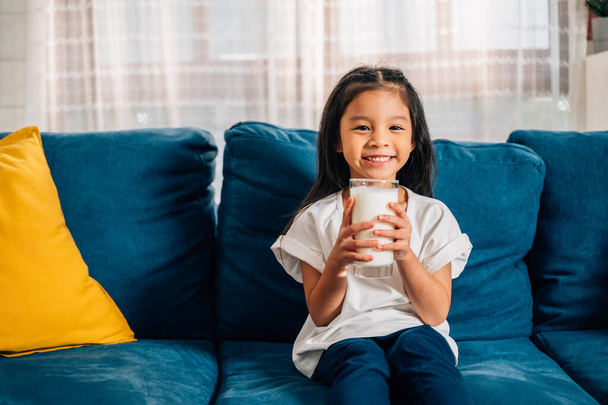 Evinde bir bardak süt tutan Asyalı tatlı kızın gülümseyen portresi, kanepede oturan ve evde ailesiyle vakit geçiren sevimli kızı, süt portresiyle eğlenen mutlu çocuk. - Fotoğraf, Görsel