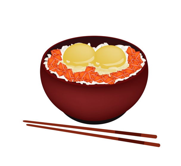 Miseczki ugotowanego ryżu z surowym jajkiem i łososiem - Wektor, obraz