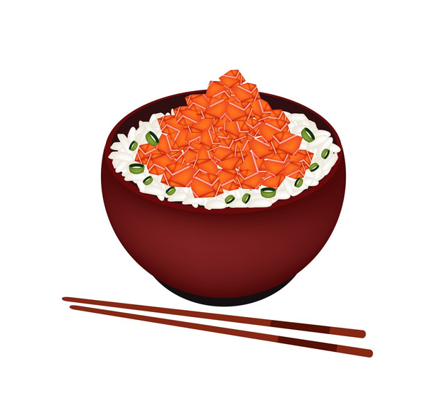 Mísa vařená rýže se zálivka s nakrájenou losos - Vektor, obrázek