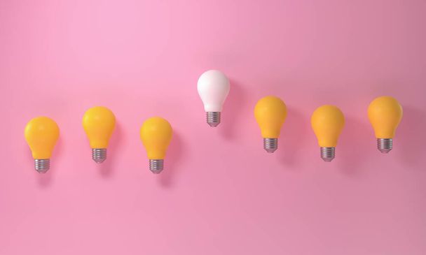 Bombilla sobresaliente entre el grupo de bombillas amarillas sobre fondo rosa. Innovación única pensar diferente. renderizado 3d - Foto, Imagen