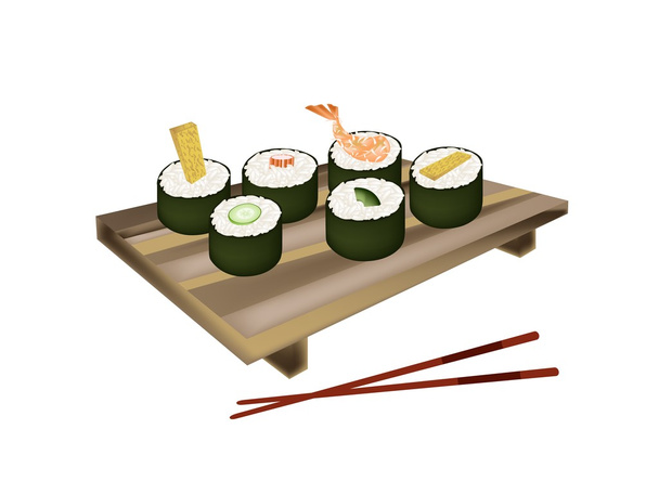 Set Sushi Roll of Makizushi op wit - Vector, afbeelding