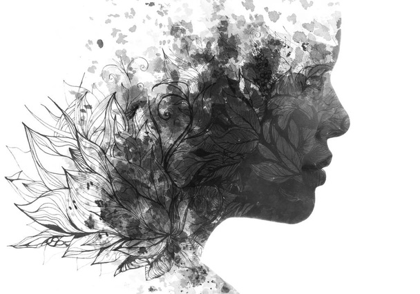 A black and white portrait of a womans profile combined with abstract linear pattern in a paintography technique - Foto, imagen