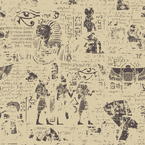 Seamless pattern on an Ancient Egypt theme with images of Egyptian gods and handwritten text lorem ipsum. Vector abstract background in retro style. Wallpaper, wrapping paper, fabric - Vector, Image