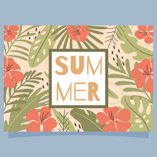 Sommerkarte mit tropischem, exotischem Hintergrund. Vektorillustration  - Vektor, Bild