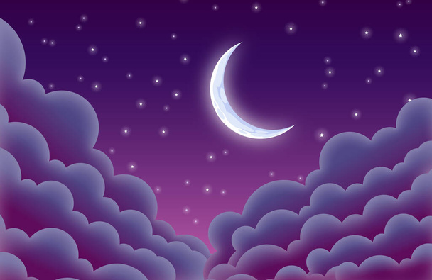 magnifique croissant étoilé nuit éclairée au clair de lune sur fond de nuages vecteur  - Vecteur, image