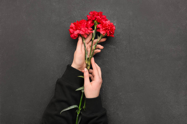 女性手保持赤carnations上のダークグランジ背景 - 写真・画像