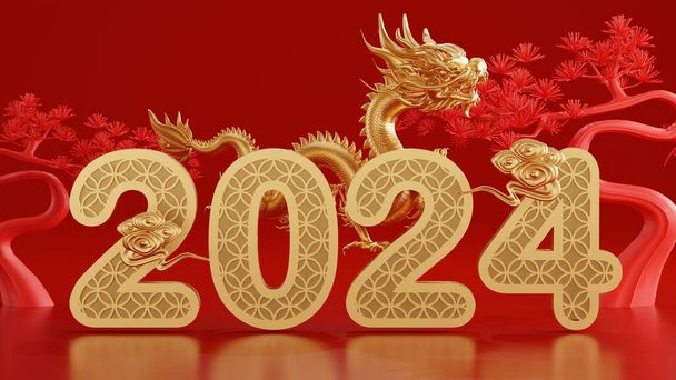 3D kreslení ilustrace pro šťastný čínský nový rok 2024 drak znamení zvěrokruhu s květinami, lucernou, asijské prvky, červená a zlatá na pozadí. (Překlad: Rok draka 2024  - Fotografie, Obrázek