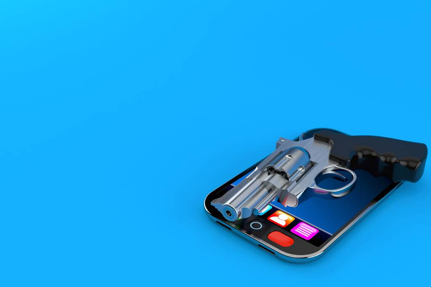Akıllı telefondaki silah mavi arka planda izole edilmiş. 3d illüstrasyon - Fotoğraf, Görsel