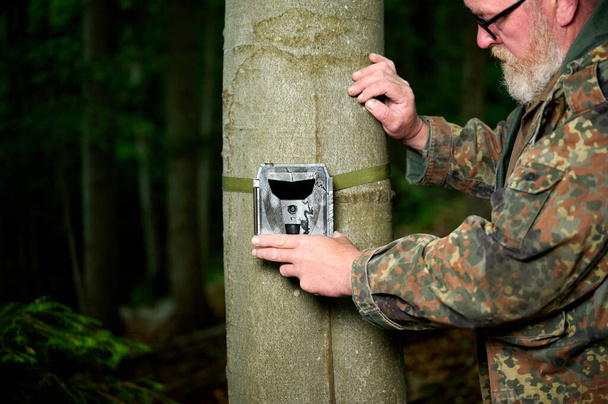 Hunter ustawia kamerę na drzewie w lesie. Kamery szlakowe są często wykorzystywane przez myśliwych do automatycznego fotografowania lub filmowania dzikiej przyrody w lesie.. - Zdjęcie, obraz