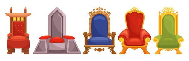 Exquise set van koninklijke tronen, geschikt voor koningen en koninginnen, versierd met ingewikkelde houtsnijwerk, luxe bekleding, en sierlijke details, het toevoegen van een koninklijke touch aan elke ruimte. Cartoon Vector Illustratie - Vector, afbeelding