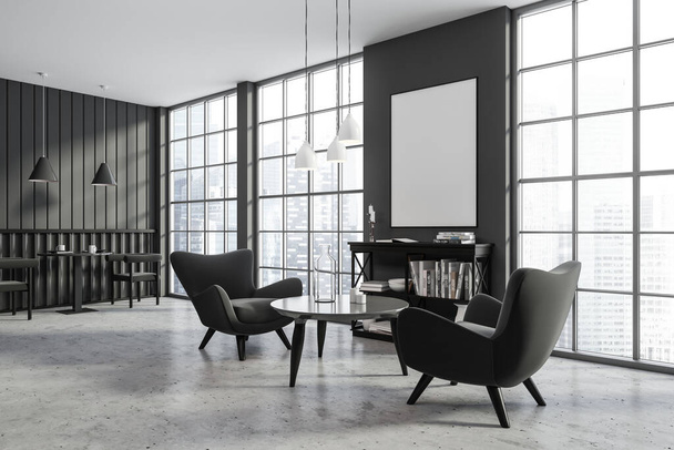 Corner view on modern dark cafe interior with empty white poster, panoramic window with city skyscraper view, tables with armchairs, concrete floor. Concept of minimalist design. Mock up. 3d rendering - Foto, Bild