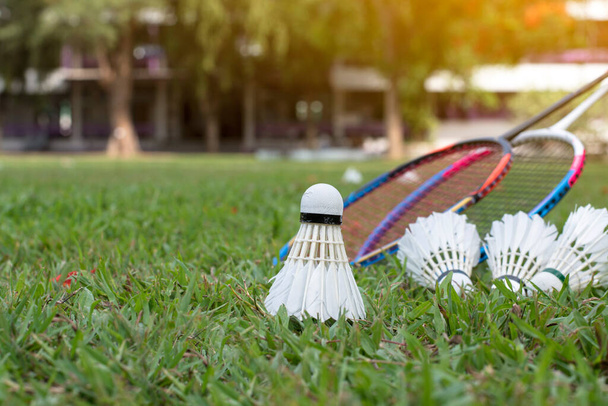 Badminton-Outdoor-Sportgeräte, Schläger und Federbälle, auf Gras, weicher und selektiver Fokus, Konzept für gesunden Sport und Freizeitaktivität. - Foto, Bild