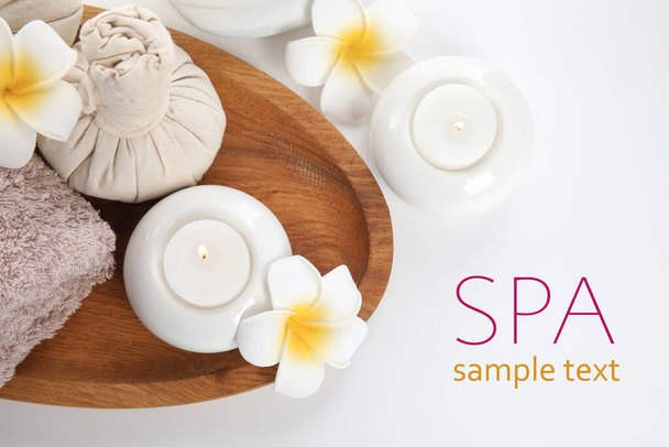 Spa composition with burning candles on white background, top view. Design with space for text - Photo, image