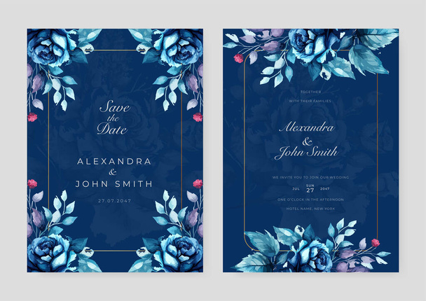 Azul rosa flor flora bela mão desenhada casamento convite cartão - Vetor, Imagem