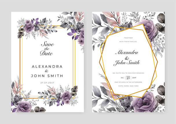 Rosa púrpura flor floral hermosa mano dibujado tarjeta de invitación de boda - Vector, imagen