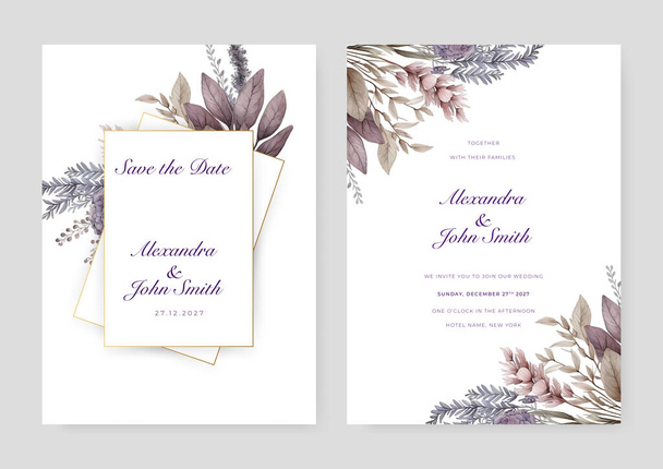 Purple lavernder flora hermosa mano dibujado tarjeta de invitación de boda - Vector, imagen