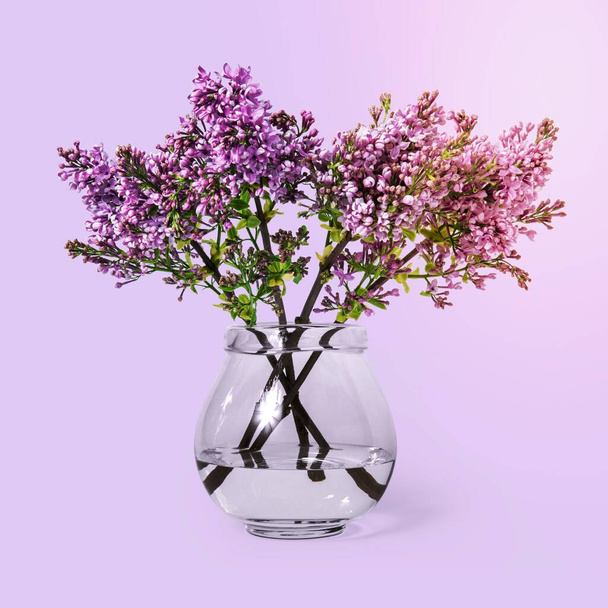 Lilas en vase en verre, arrangement de fleurs, décor à la maison - Photo, image