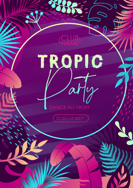 Colorful summer disco party poster with fluorescent tropic leaves. Summertime background. Vector illustration - Вектор, зображення