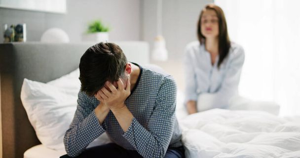 Worried Woman In Bed. Couple Sex Problem - Фото, зображення
